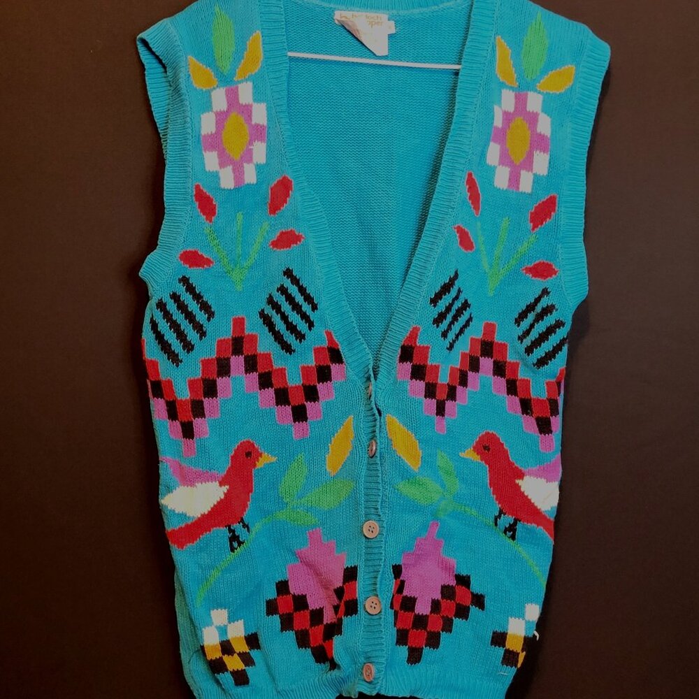 Vintage Sweater Vest Button Front Bright Colors Bird Beldoch Popper Sz M Cotton